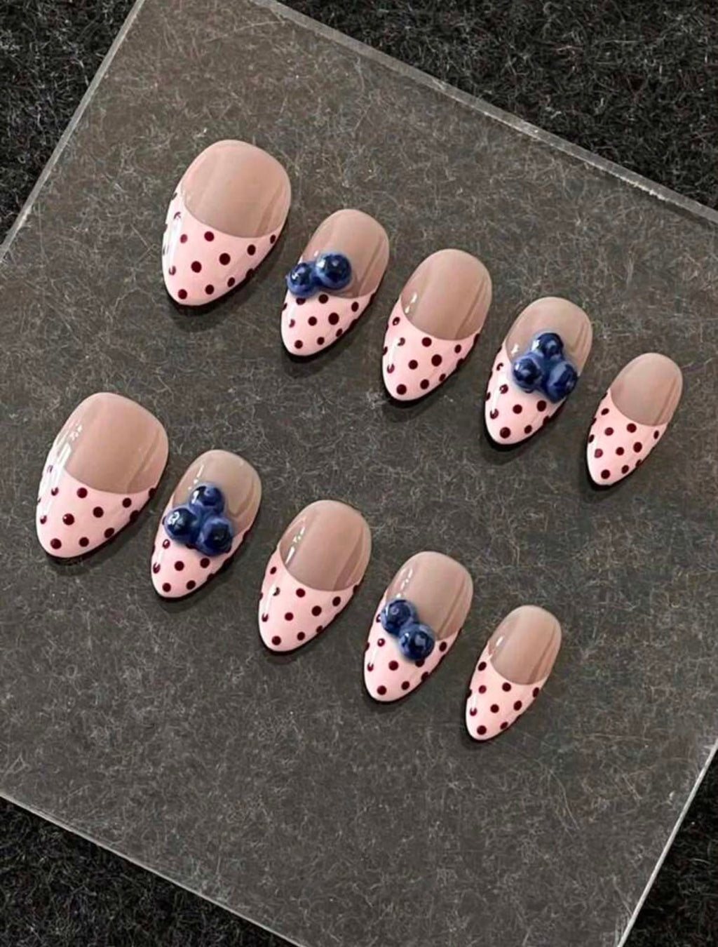 Blue Floral French Tip Press-On Nails – Glossy Almond False Nails
