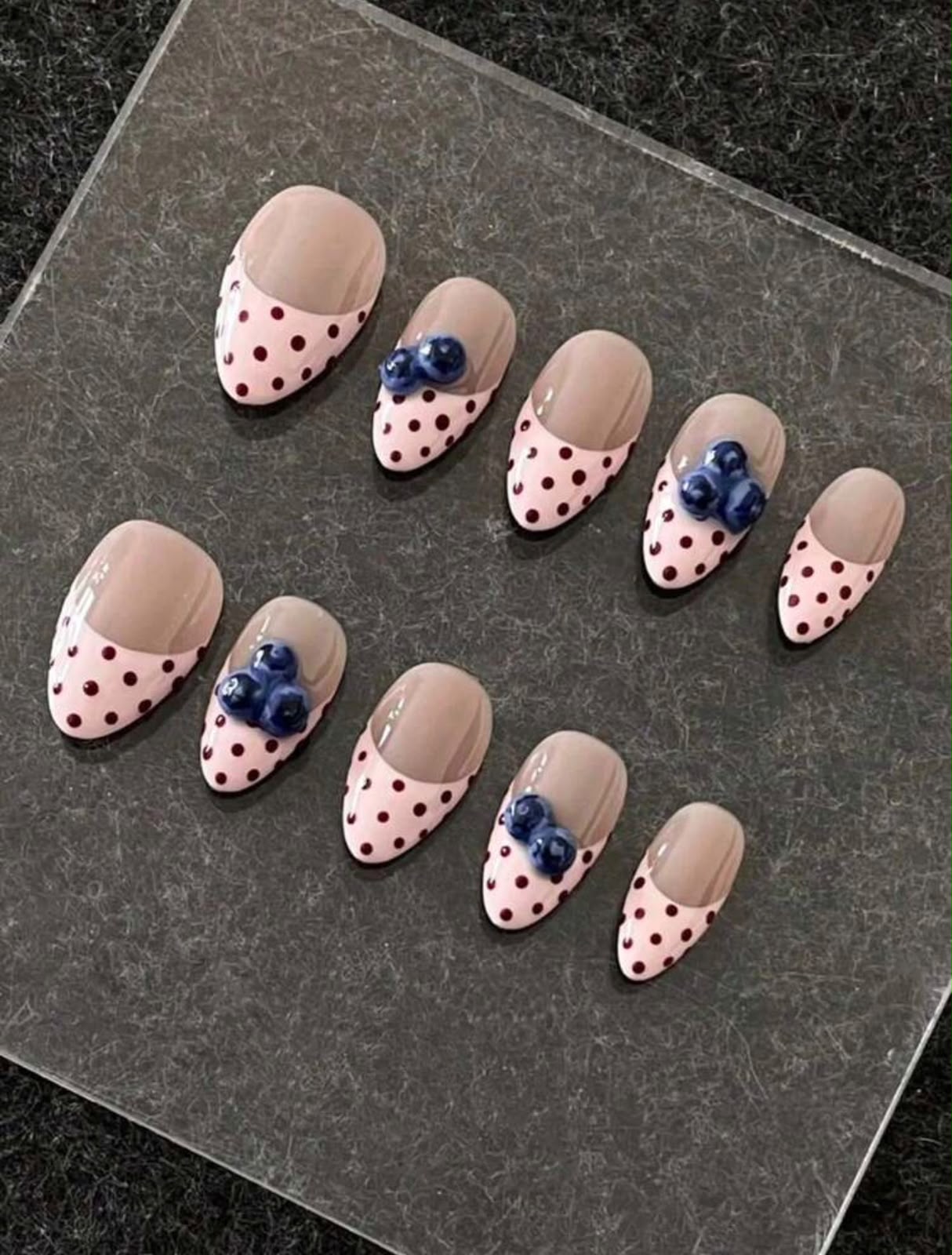 Blue Floral French Tip Press-On Nails – Glossy Almond False Nails
