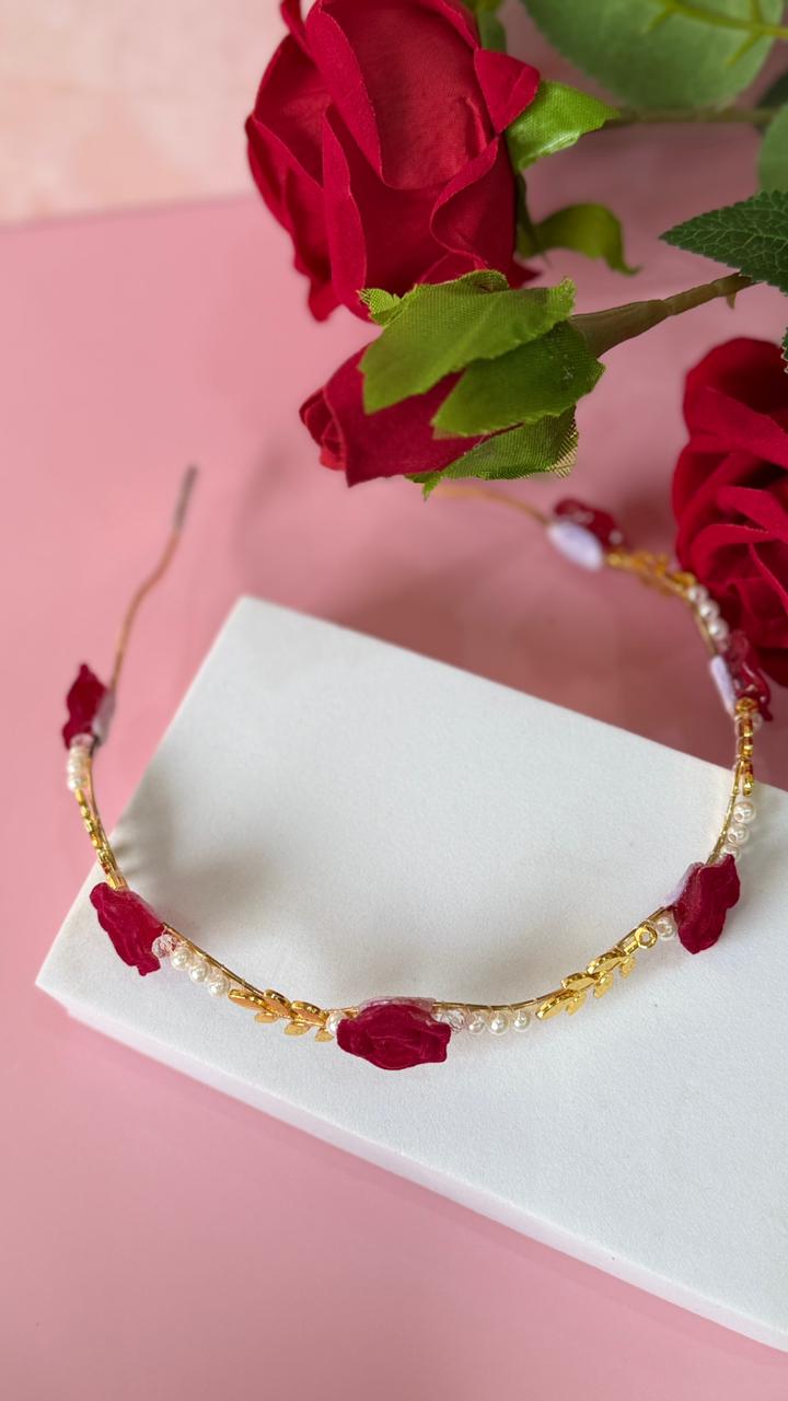 Girls Gold Floral Headband with Red Velvet Roses - Elegant Tiara Gift