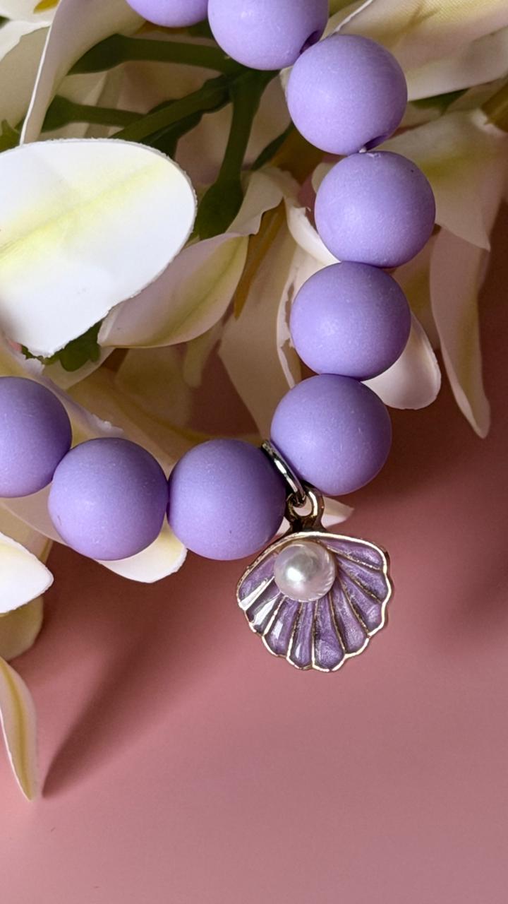 Girls Lavender Beaded Bracelet with Pearl Seashell Charm
