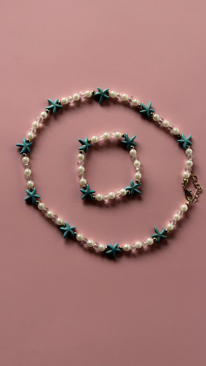 Starfish Pearl Necklace & Bracelet Set – Teal Starfish Crystal Bead Jewelry for Kids & Women