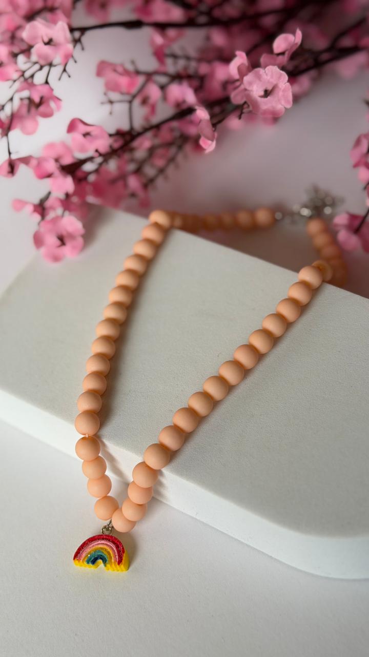 Pastel Peach Beaded Rainbow Pendant Necklace for Girls