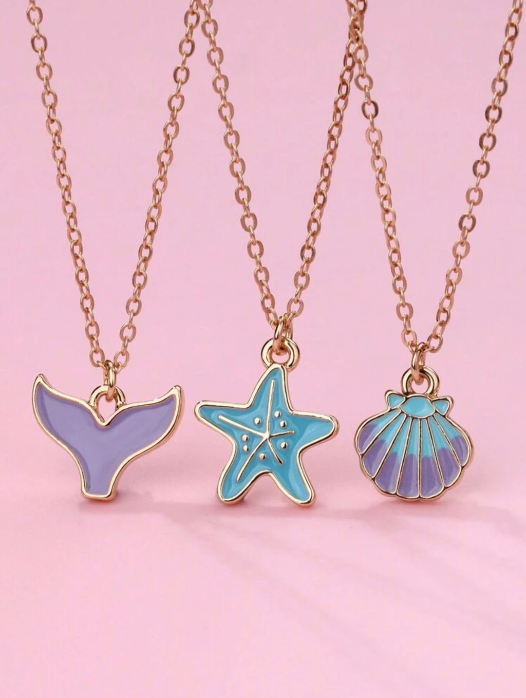 Ocean Charm Necklace Set of 3 – Mermaid Tail, Starfish & Seashell | Gold Chain Enamel Pendant Necklaces for Girls