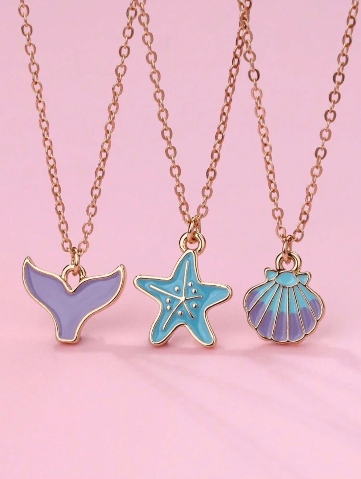 Ocean Charm Necklace Set of 3 – Mermaid Tail, Starfish & Seashell | Gold Chain Enamel Pendant Necklaces for Girls
