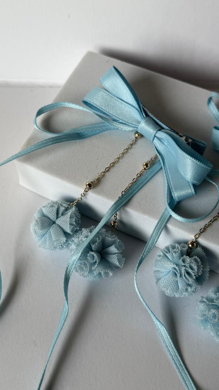 Pastel Blue Ribbon Bow Hair Clips with Pom-Pom Tassels