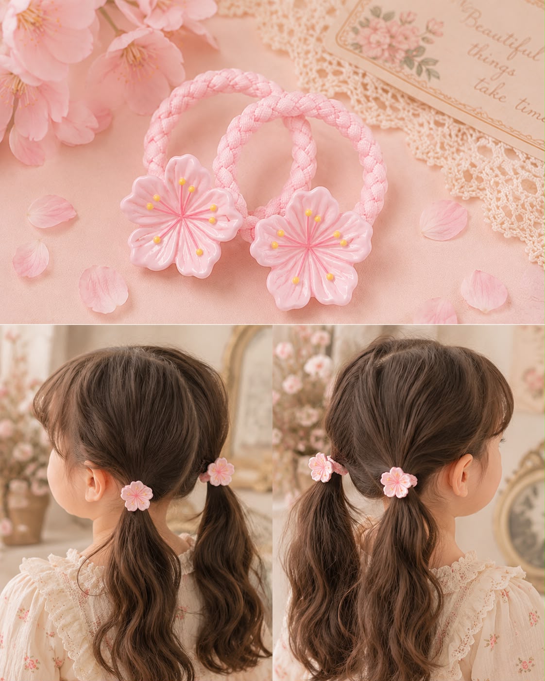 Cherry Blossom Hair Ties (2pcs) | Pink Braided Sakura Elastics
