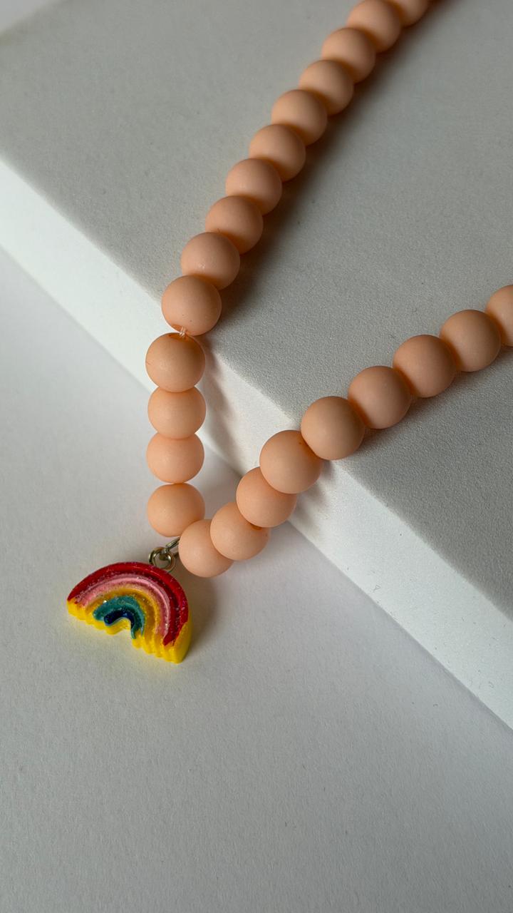 Pastel Peach Beaded Rainbow Pendant Necklace for Girls