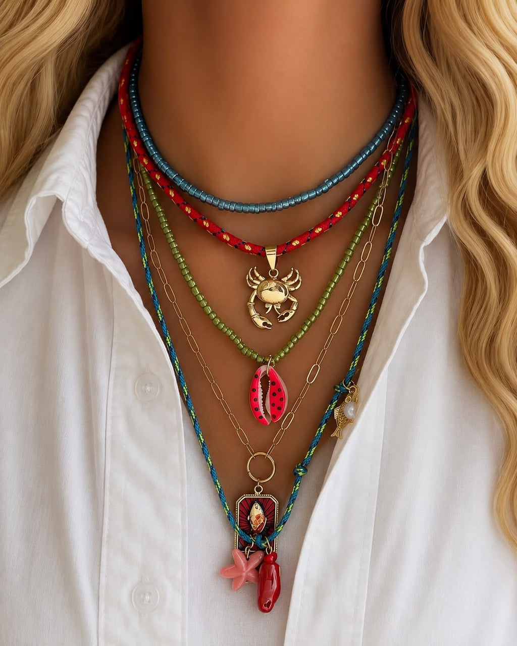 Multi-Layer Beach Charm Necklace Set – Crab, Shell &amp; Starfish Pendants