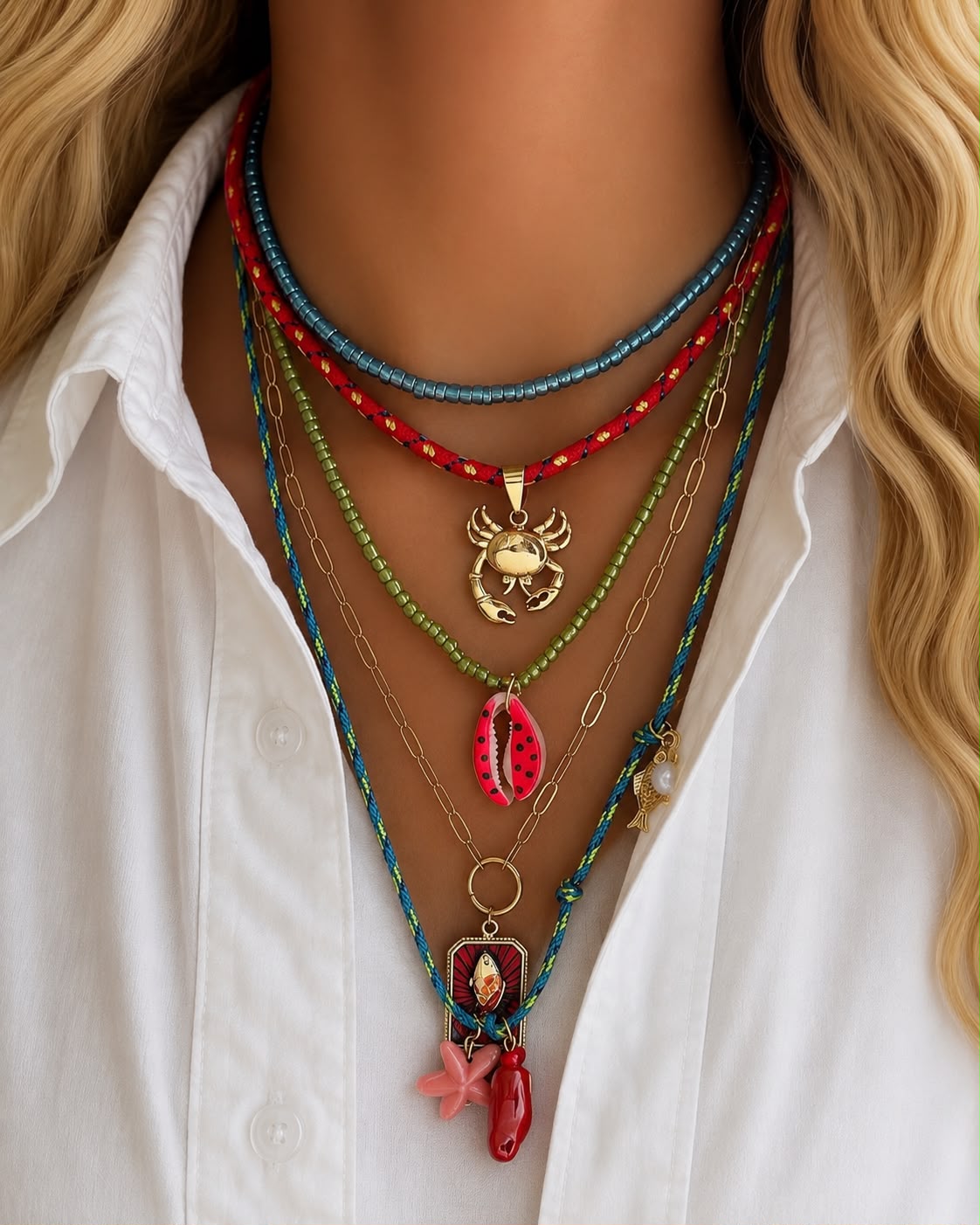 Multi-Layer Beach Charm Necklace Set – Crab, Shell &amp; Starfish Pendants