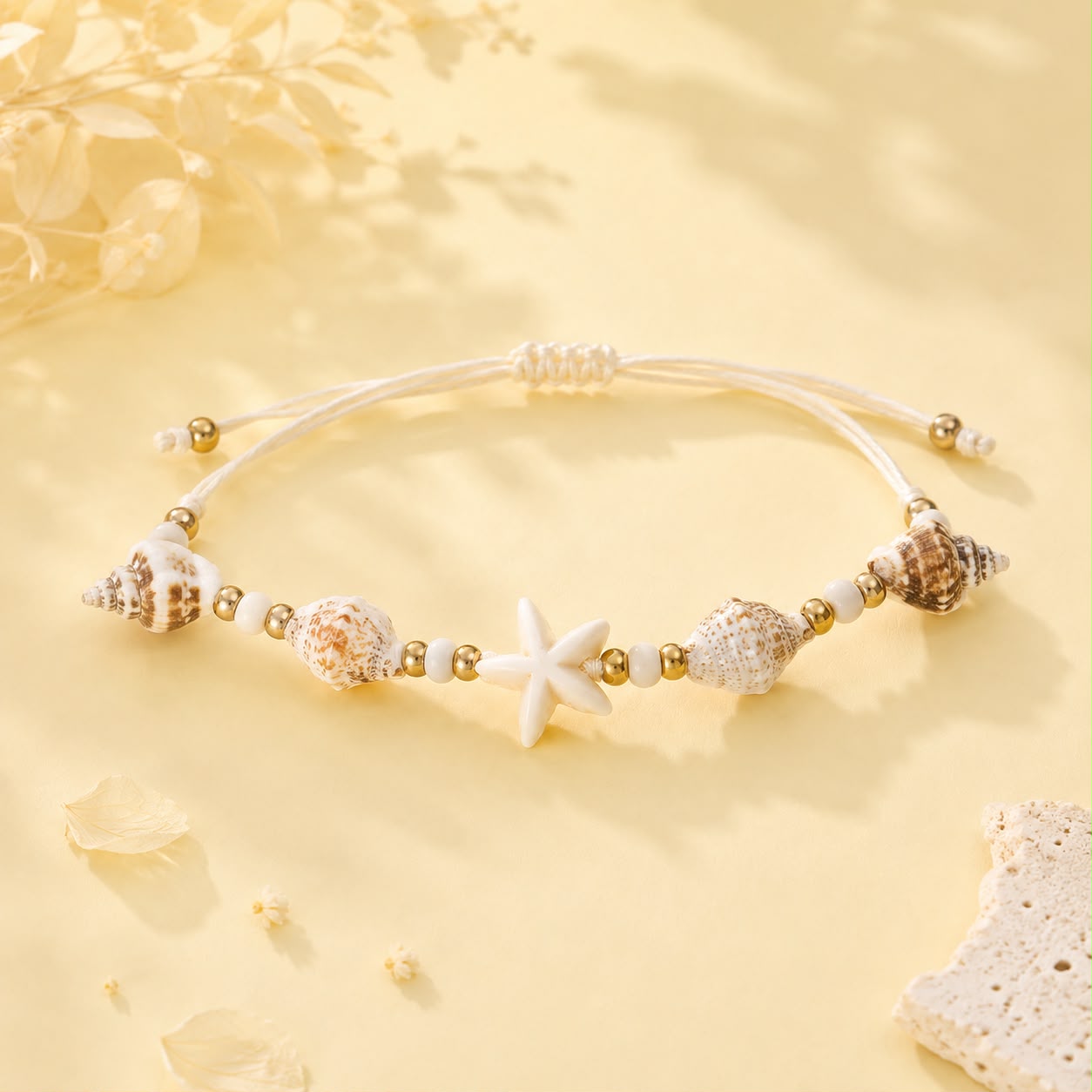 Handmade Shell Bracelet with Starfish Charm – Adjustable Cord