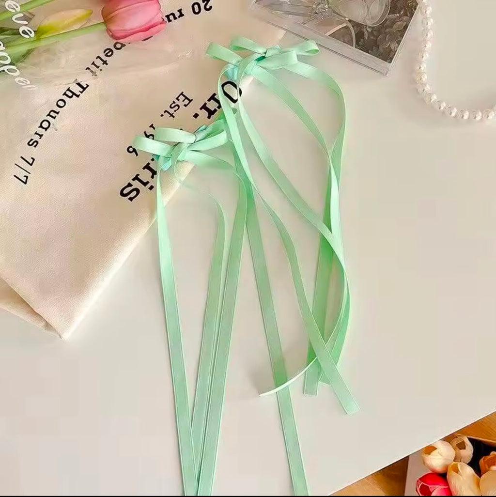 Long Tail Satin Ribbon Bow Hair Tie – Pastel Streamer Hair Accessory