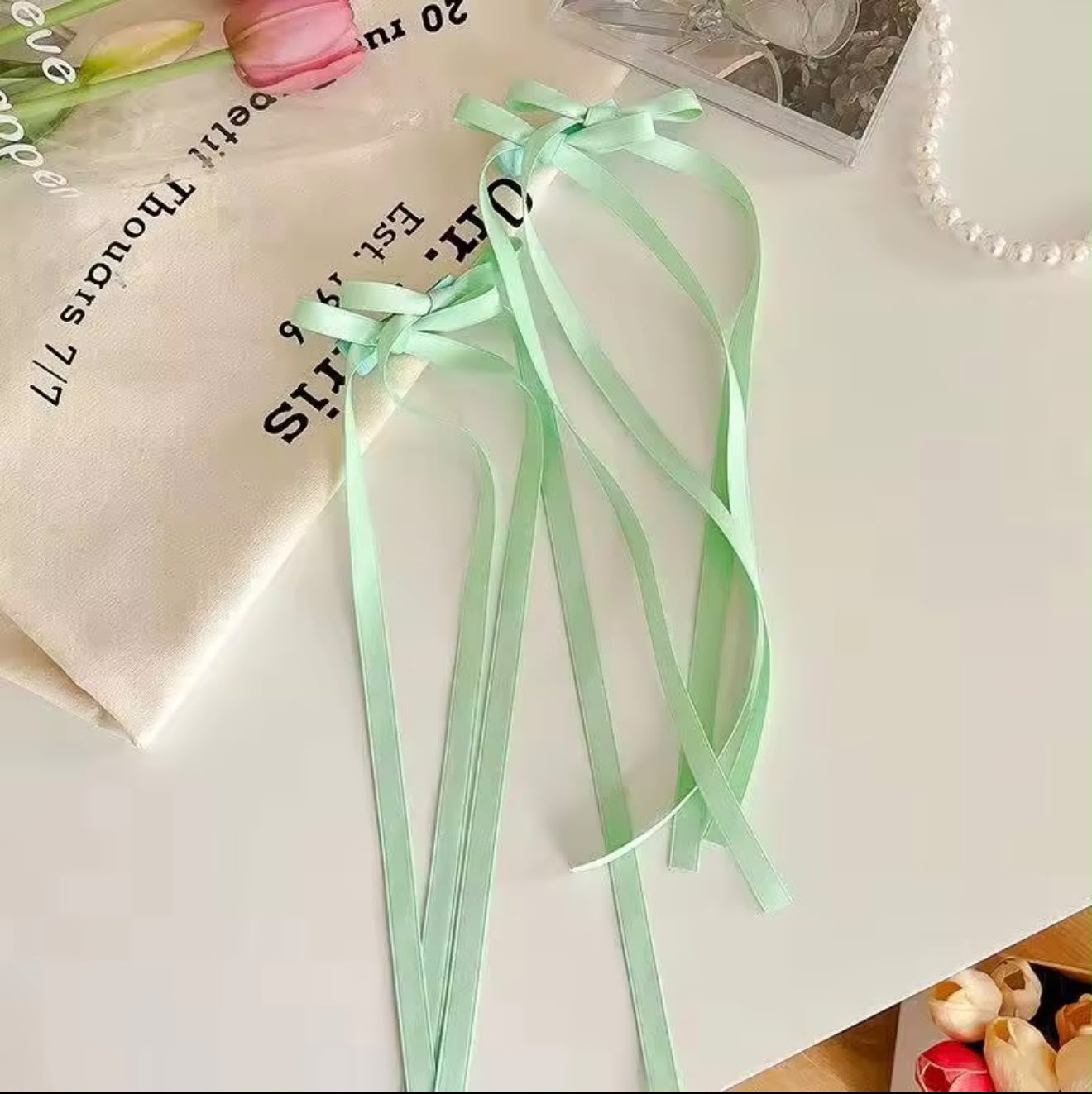 Long Tail Satin Ribbon Bow Hair Tie – Pastel Streamer Hair Accessory
