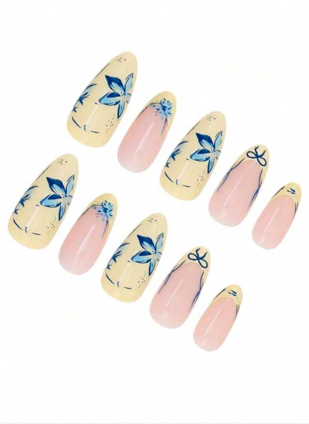 Blue Floral French Tip Press-On Nails | Almond Shape Fake Nails