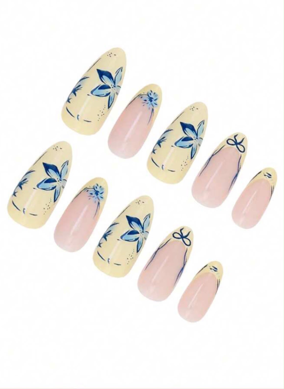 Blue Floral French Tip Press-On Nails | Almond Shape Fake Nails