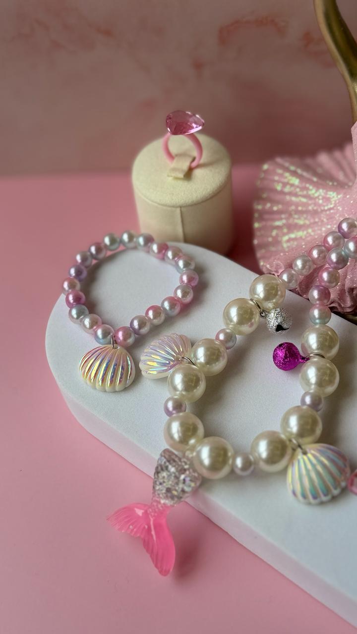 Girls Mermaid jewellery Set – Pearl Necklace Bracelet Earrings & Ring | Kids Ocean Princess Gift Set
