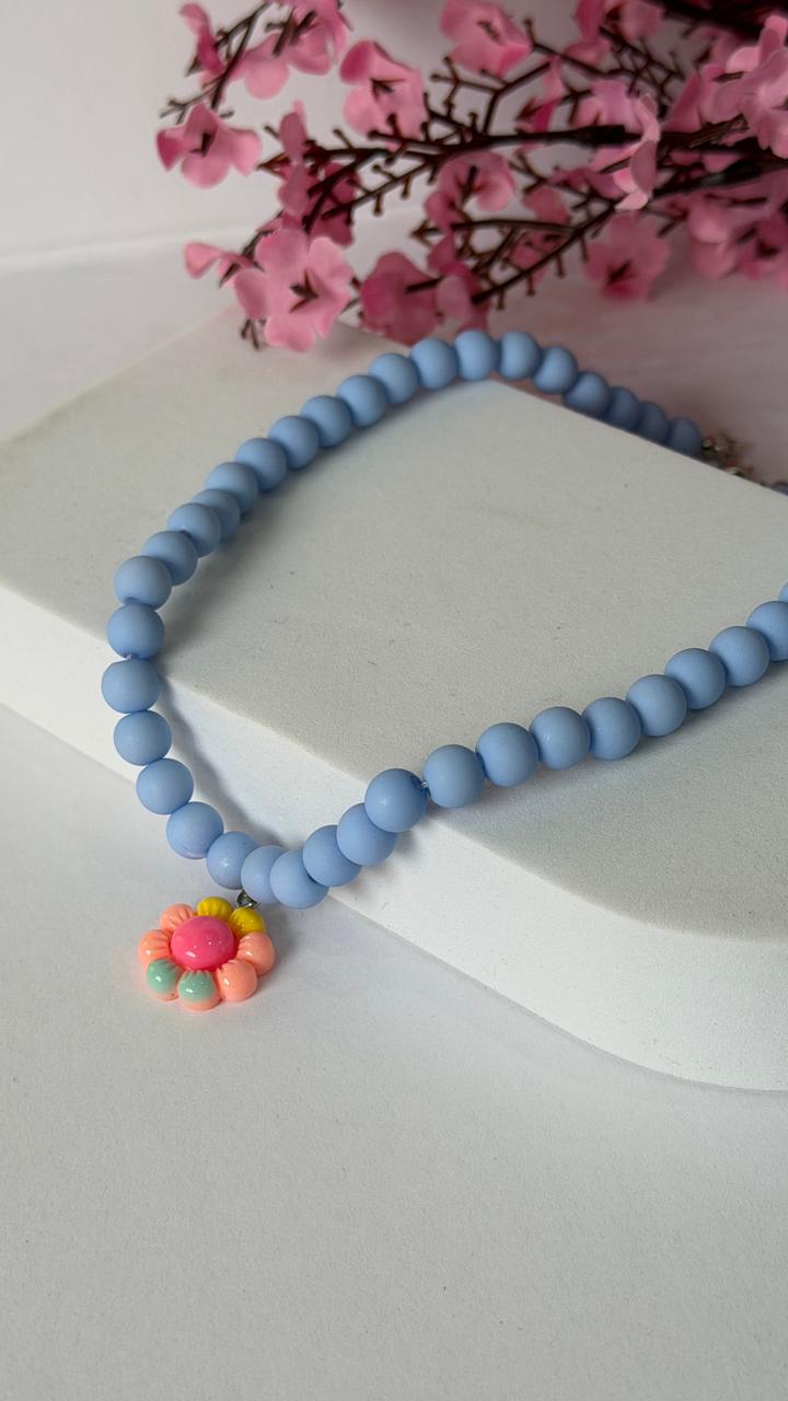 Pastel Blue Beaded Flower Pendant Necklace for Girls