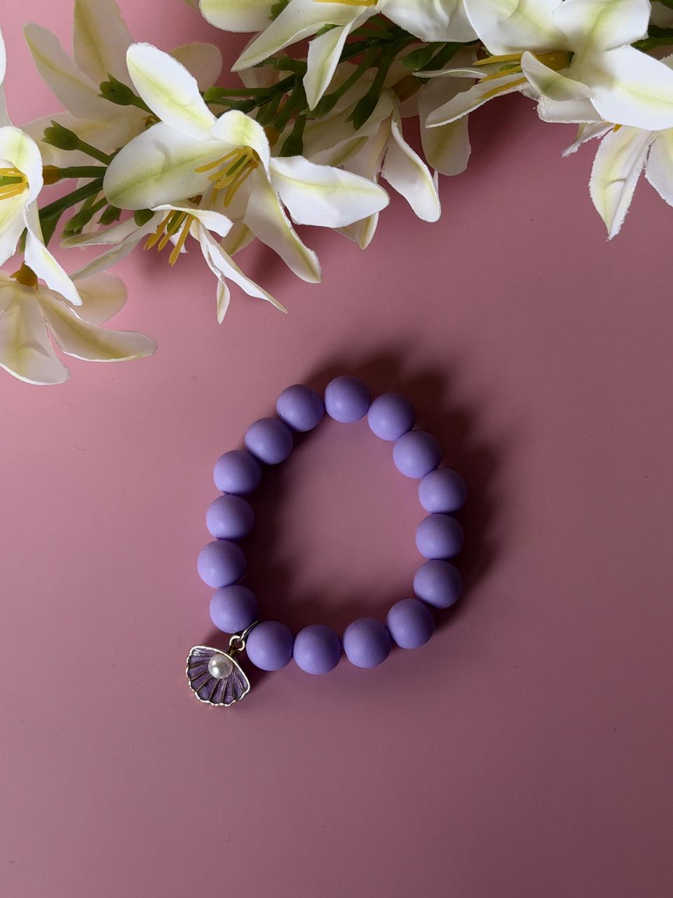 Girls Lavender Beaded Bracelet with Pearl Seashell Charm
