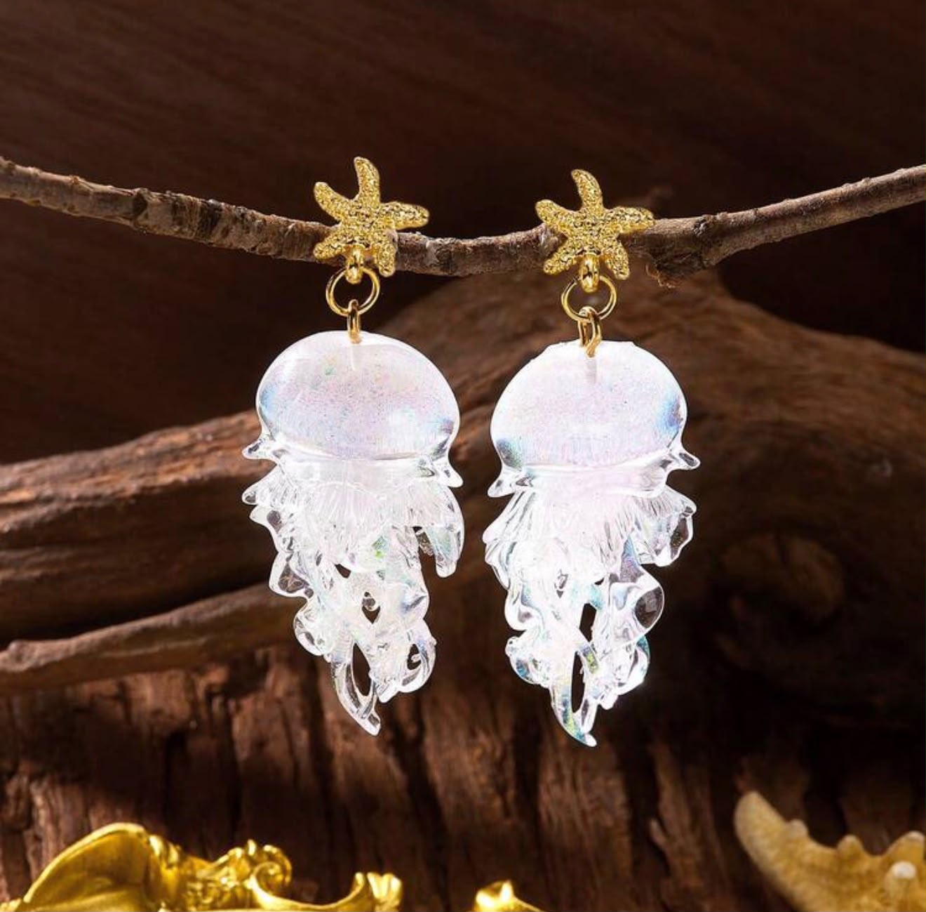 Gold Starfish &Jellyfish Dangle Earrings – Iridescent Resin