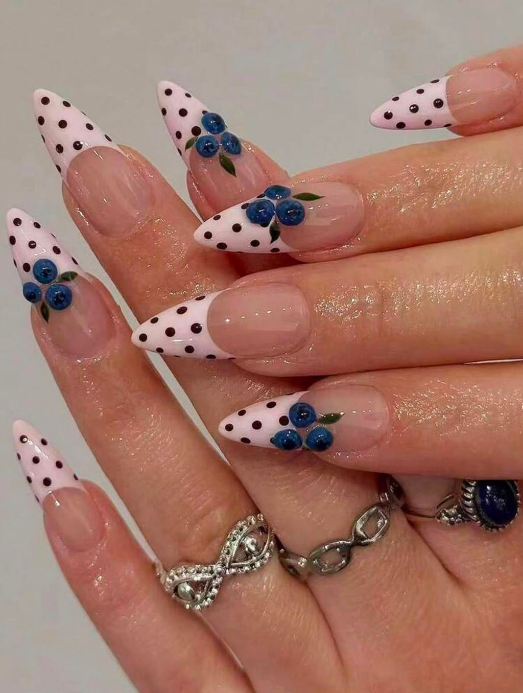 Blue Floral French Tip Press-On Nails – Glossy Almond False Nails