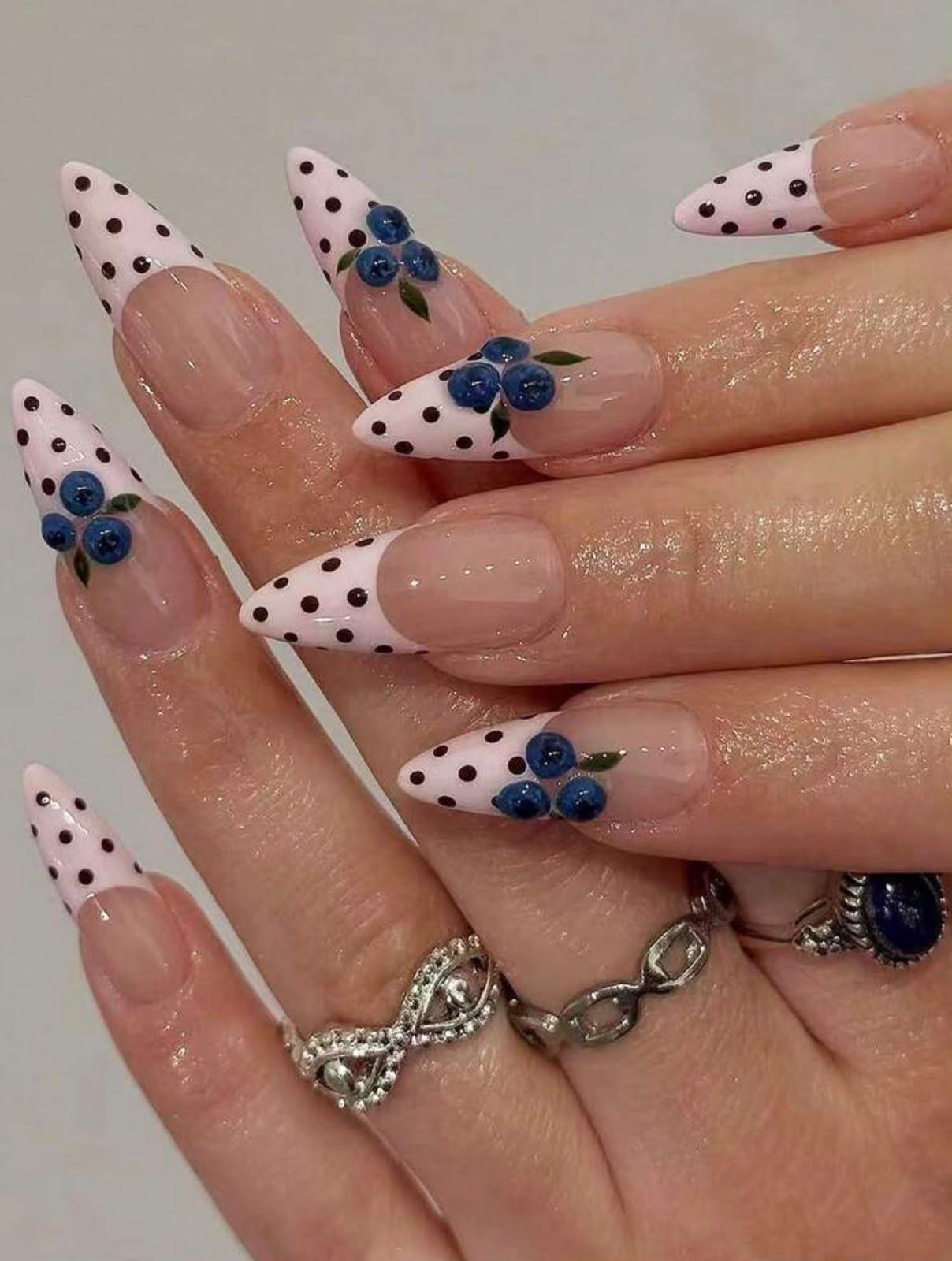 Blue Floral French Tip Press-On Nails – Glossy Almond False Nails