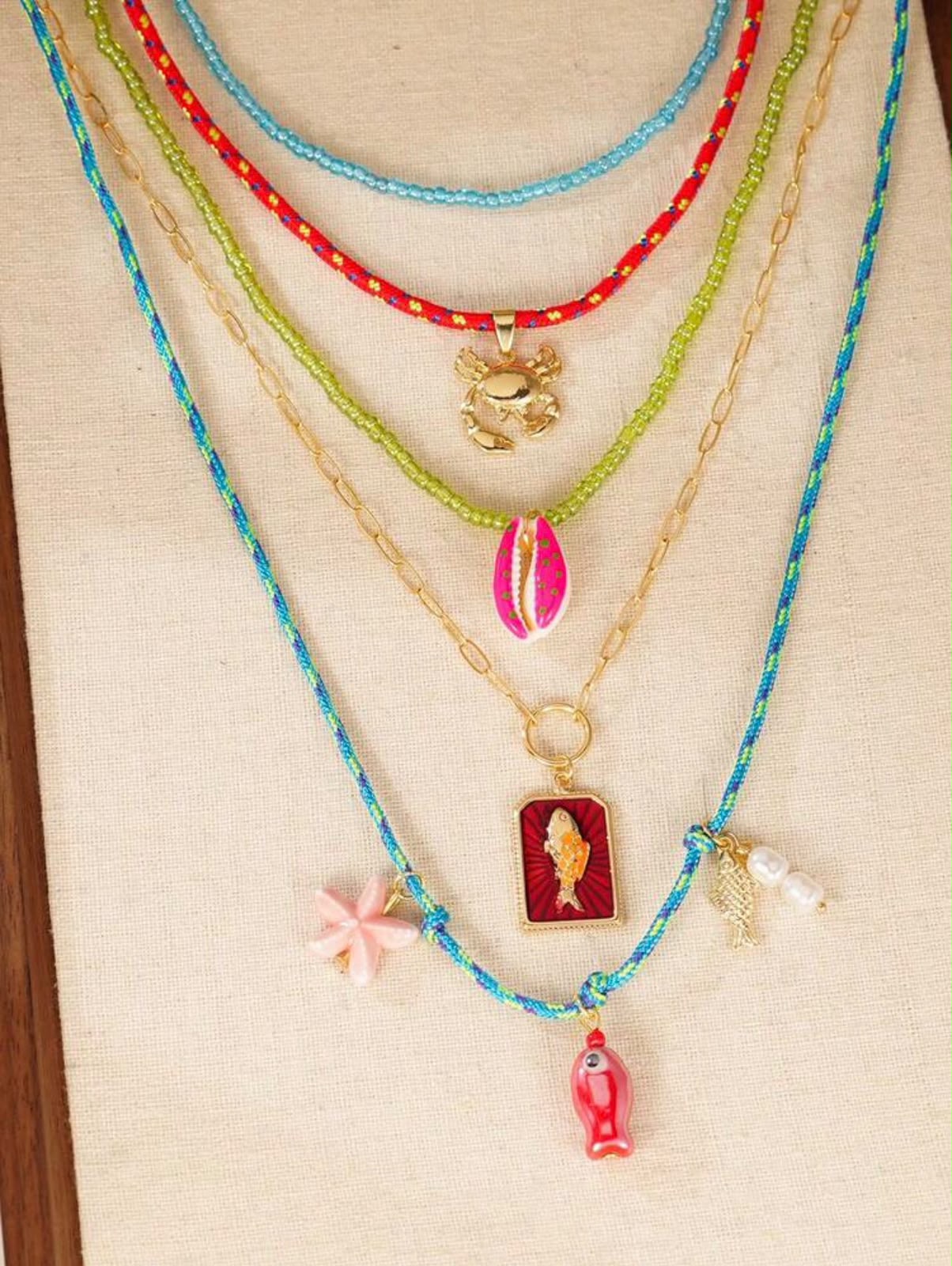 Multi-Layer Beach Charm Necklace Set – Crab, Shell &amp; Starfish Pendants