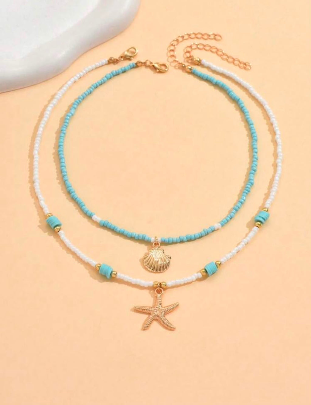 Layered Beach Beaded Necklace – Turquoise & White Seed Bead with Shell &amp; Starfish Charms