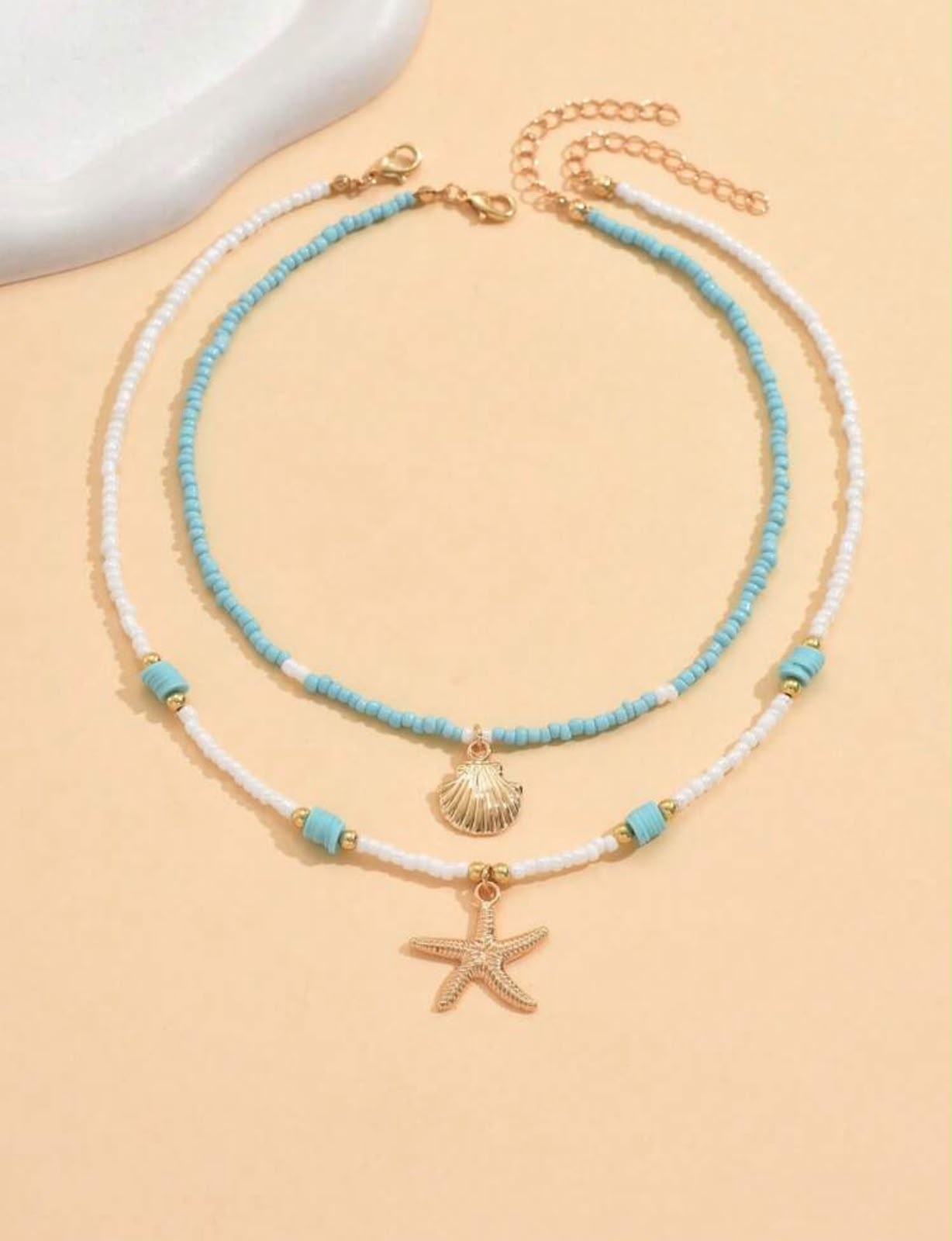 Layered Beach Beaded Necklace – Turquoise & White Seed Bead with Shell &amp; Starfish Charms