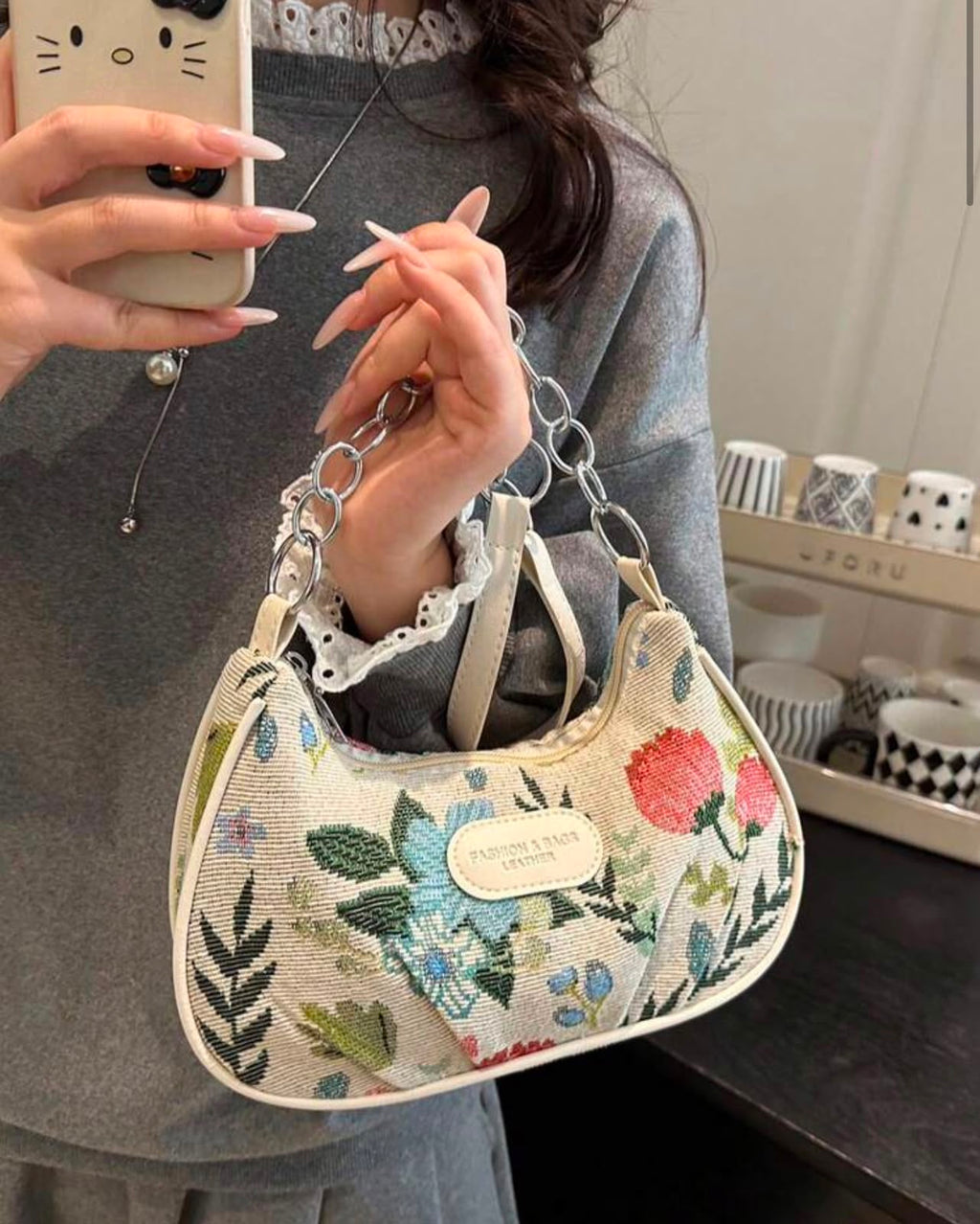 Floral Print Shoulder Bag | Versatile Solid Color Women's Handbag