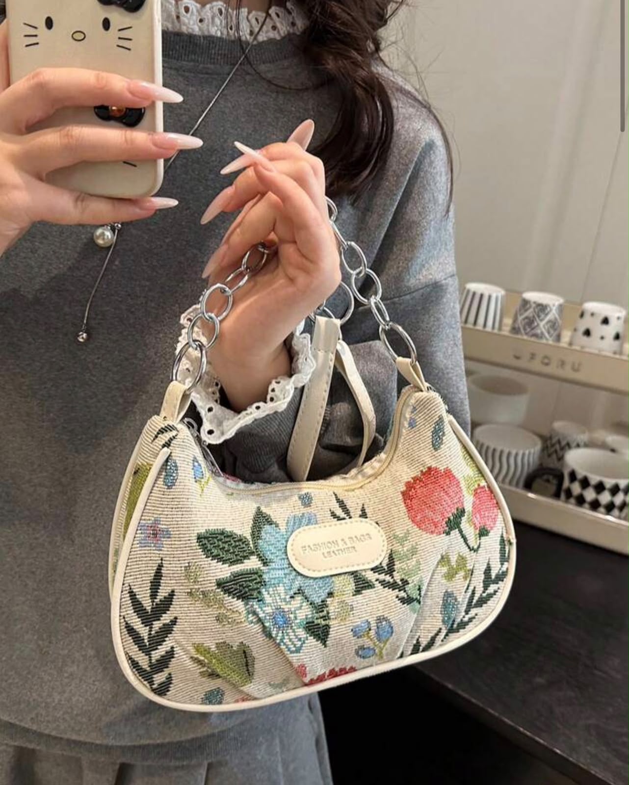 Floral Print Shoulder Bag | Versatile Solid Color Women's Handbag