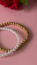 Girls White Pearl & Gold Beaded Stackable Bracelet Set