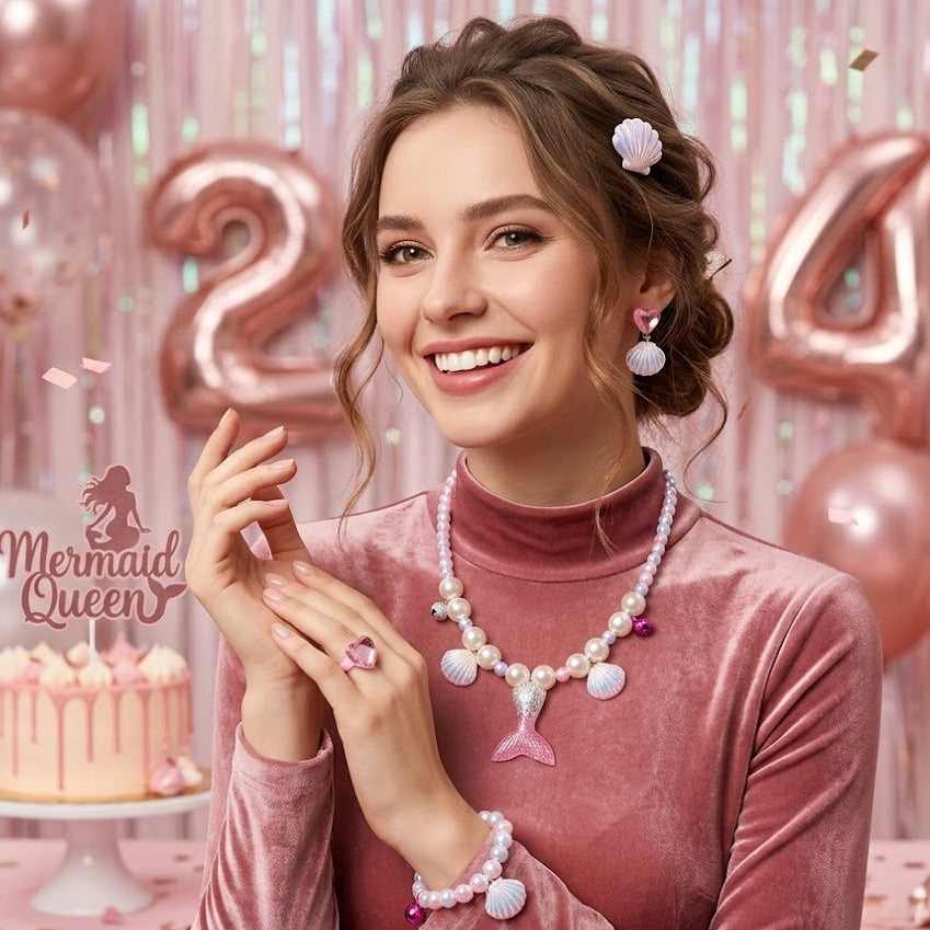 Girls Mermaid jewellery Set – Pearl Necklace Bracelet Earrings & Ring | Kids Ocean Princess Gift Set