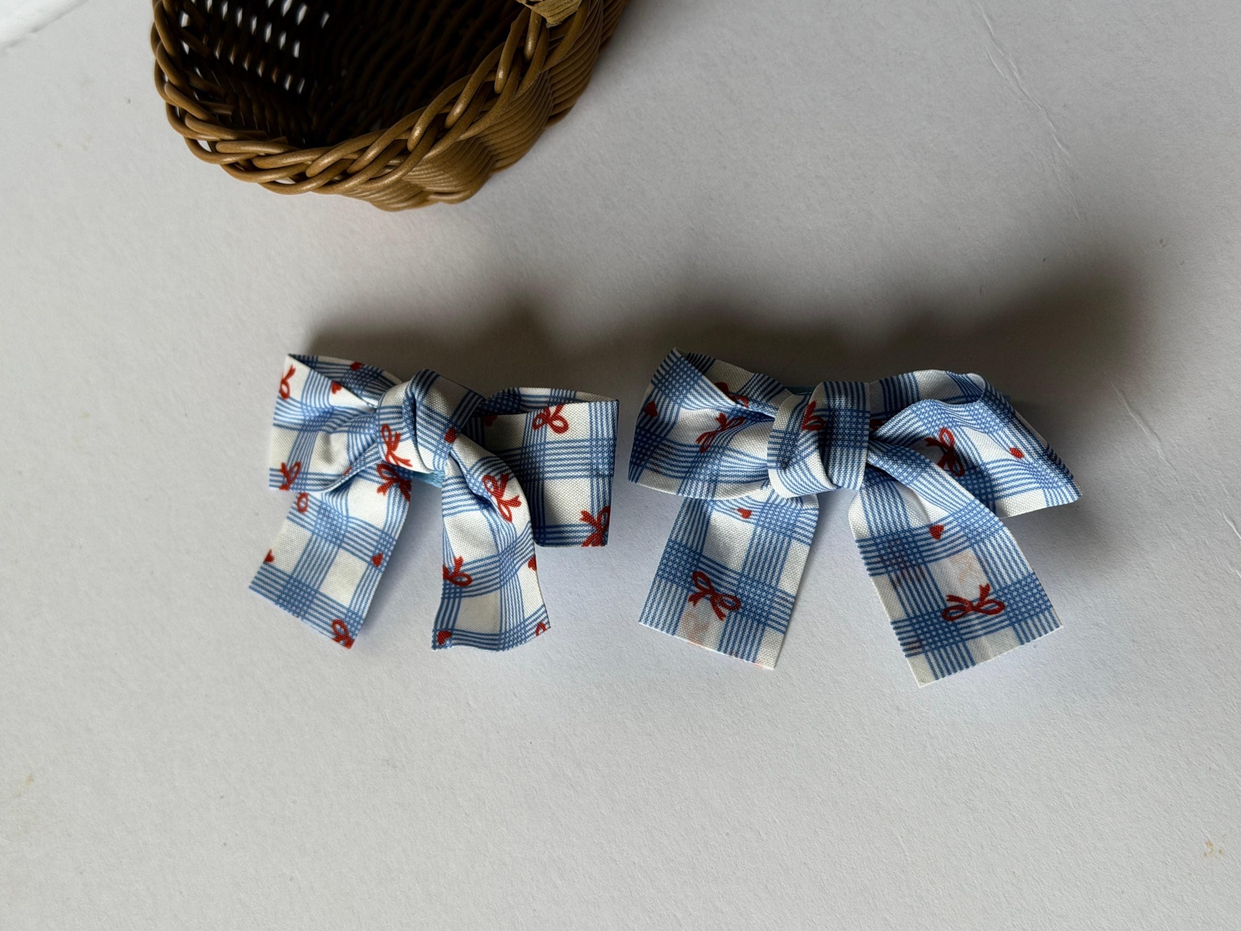Blue Plaid Hair Bows with Red Bow Print for Girls