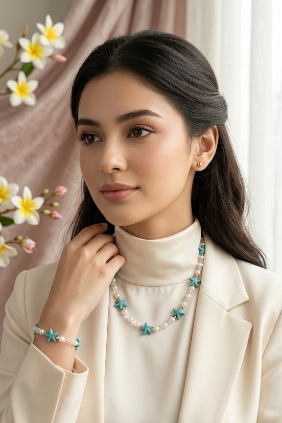 Starfish Pearl Necklace & Bracelet Set – Teal Starfish Crystal Bead Jewelry for Kids & Women