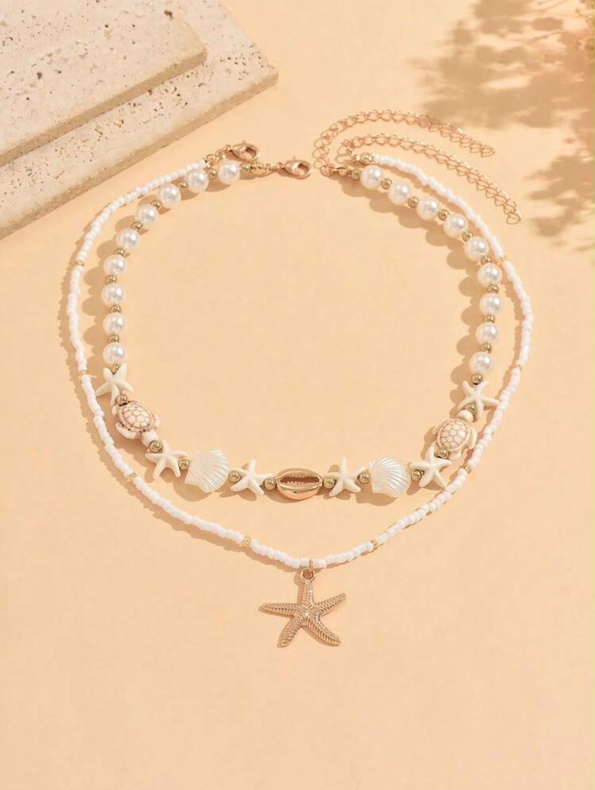 Layered Beach Charm Necklace Set | Pearl & Shell Starfish Turtle Choker with Gold Starfish Pendant Necklace (2 Piece Set)