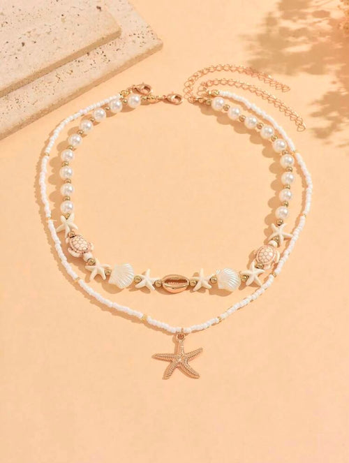 Layered Beach Charm Necklace Set | Pearl & Shell Starfish Turtle Choker with Gold Starfish Pendant Necklace (2 Piece Set)