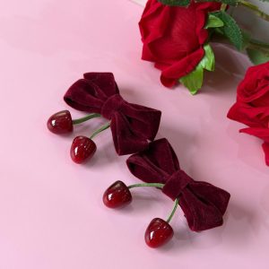 Velvet Cherry Hair Clips for Girls | Cute Burgundy Bow Set