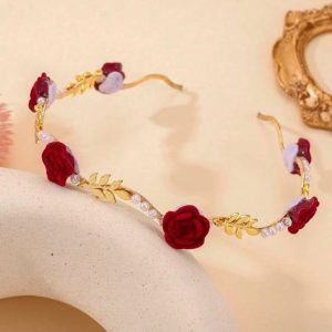 Girls Gold Floral Headband with Red Velvet Roses - Elegant Tiara Gift