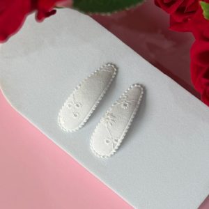 White Eyelet Lace Fabric Snap Hair Clips for Girls