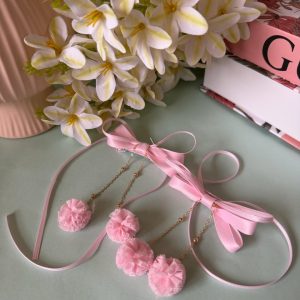 Baby Pink Coquette Ribbon Bow Hair Clips with Pom-Poms