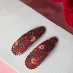 Burgundy Floral Fabric Snap Hair Clips for Girls