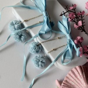 Pastel Blue Ribbon Bow Hair Clips with Pom-Pom Tassels