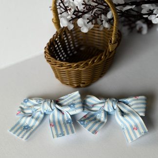 Light Blue Striped Floral Fabric Hair Bows for Girl