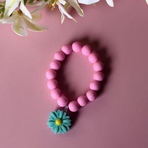 Girls Pink Beaded Bracelet with Teal Daisy Charm