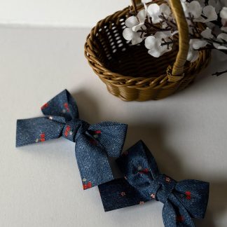 Navy Denim Cherry Print Fabric Hair Bows for Girls