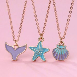 Girls Mermaid Starfish Seashell Necklace Set