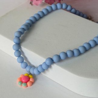 Pastel Blue Beaded Flower Pendant Necklace for Girls