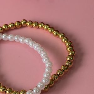 Girls White Pearl & Gold Beaded Stackable Bracelet Set