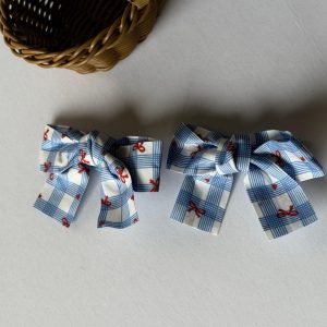 Blue Plaid Hair Bows with Red Bow Print for Girls