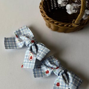 Blue Plaid Hair Bows with Red Tulip Print for Girls